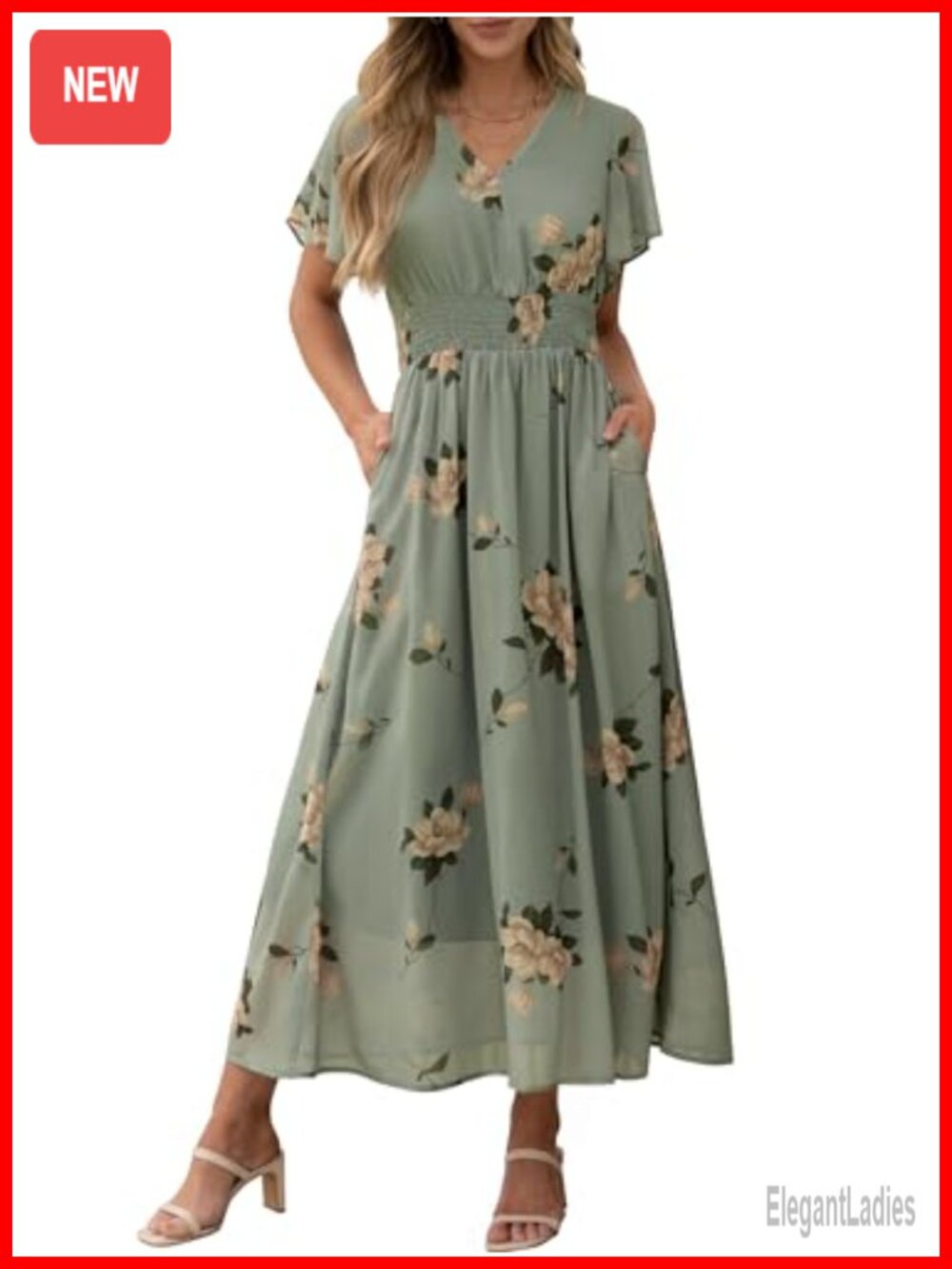 Womens Summer Floral Maxi Dress V Neck Short Sleeve Chiffon Boho Flowy Beach